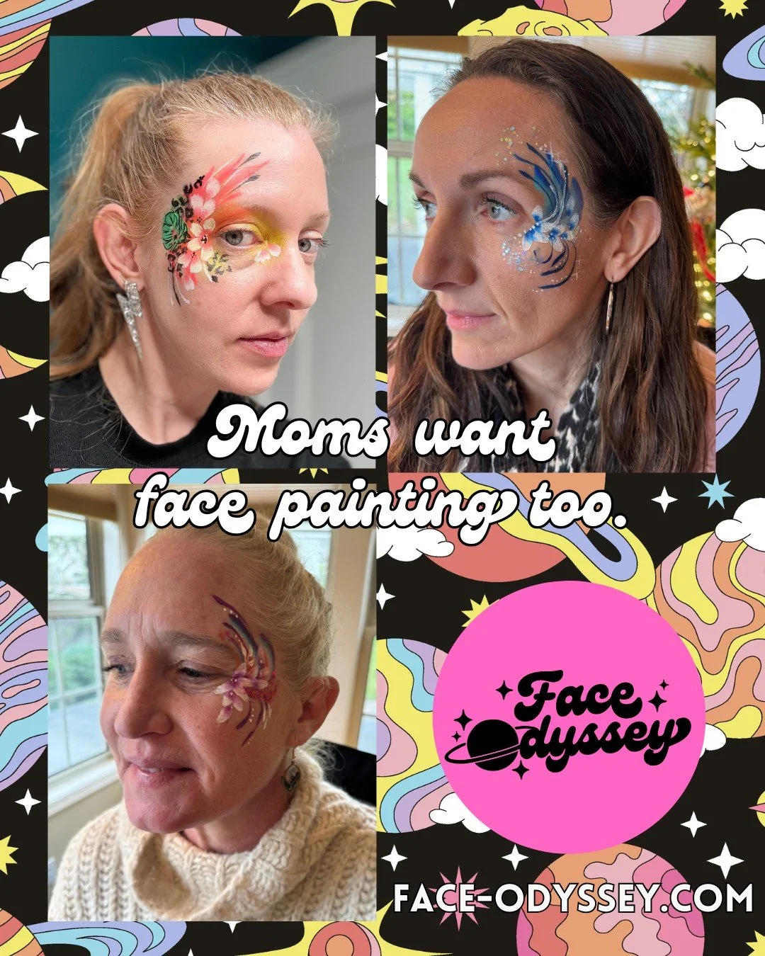 Actually all the grown-ups need some face paint and glitter in their lives! Face painting and glitter are an amazing addition to bach parties and milestone events when you are looking to set a vibrant and joyful tone! But I also love it when the grow