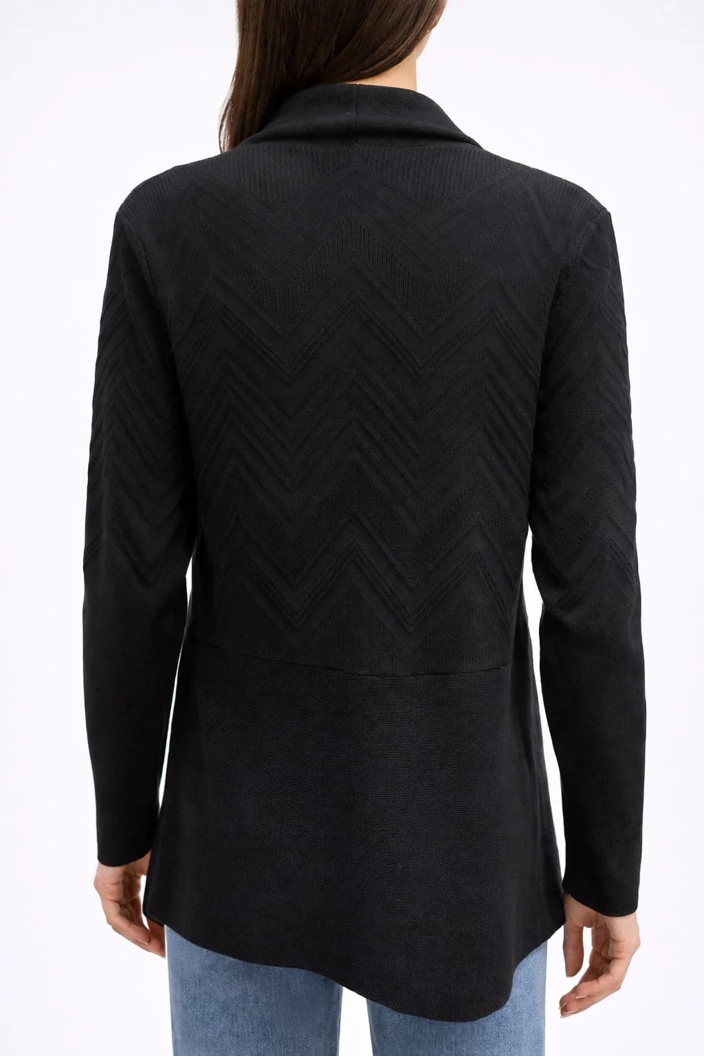 Obsidian Cascade, Schwarzer Strick Cardigan mit Muster, Italian Designers, Rückansicht.jpeg