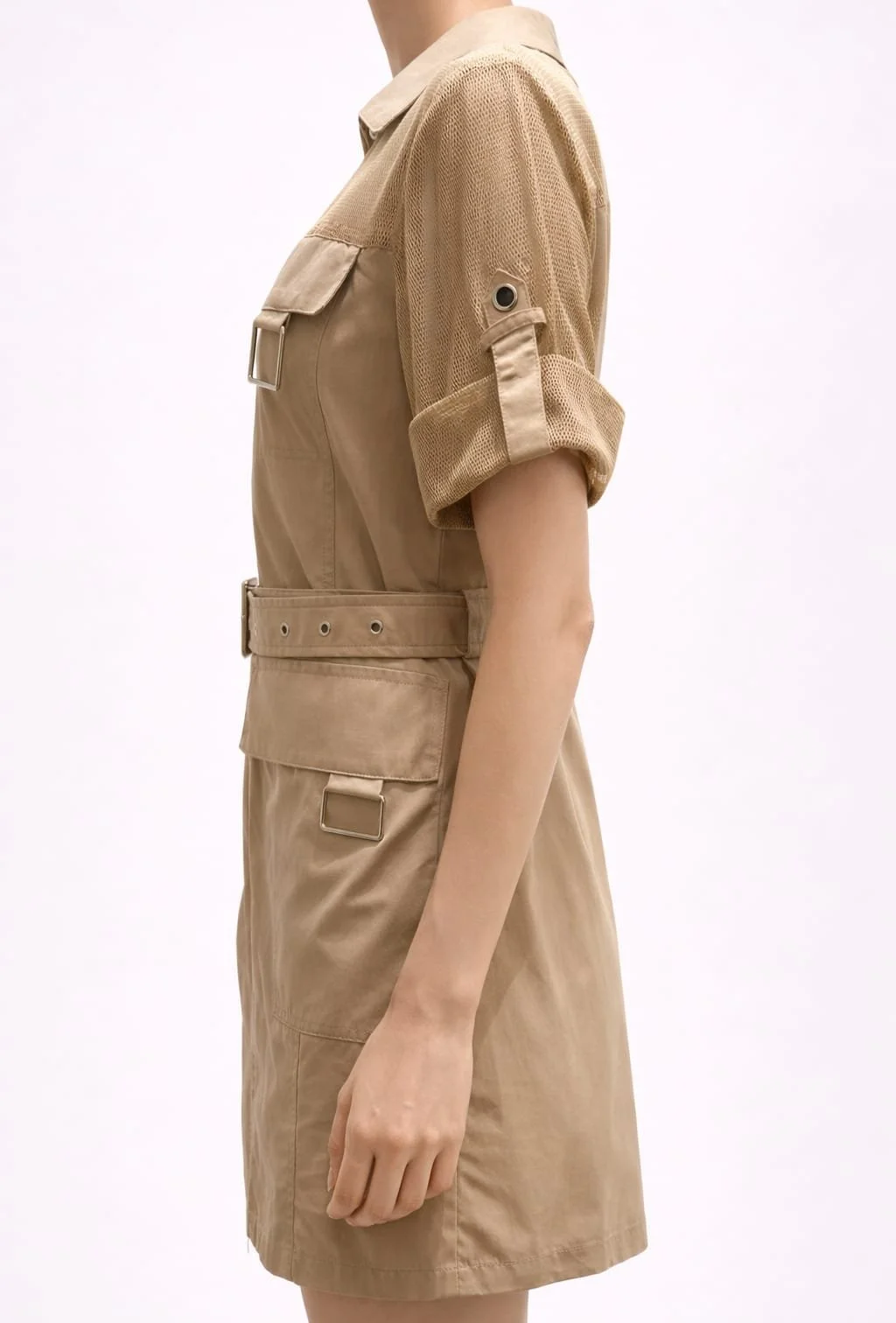 Sahara Trace, Erdfarbenes Damen Safarikleid, Italian Designers, Seitenansicht.jpeg