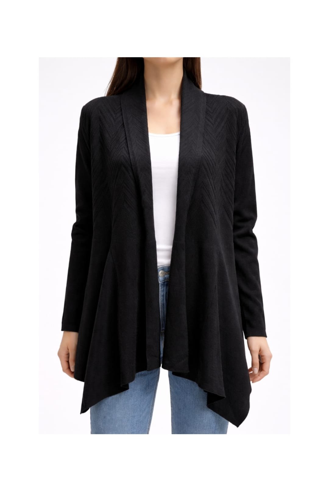 Obsidian Cascade, Schwarzer Strick Cardigan mit Muster, Italian Designers, Frontansicht Vorschau.jpeg