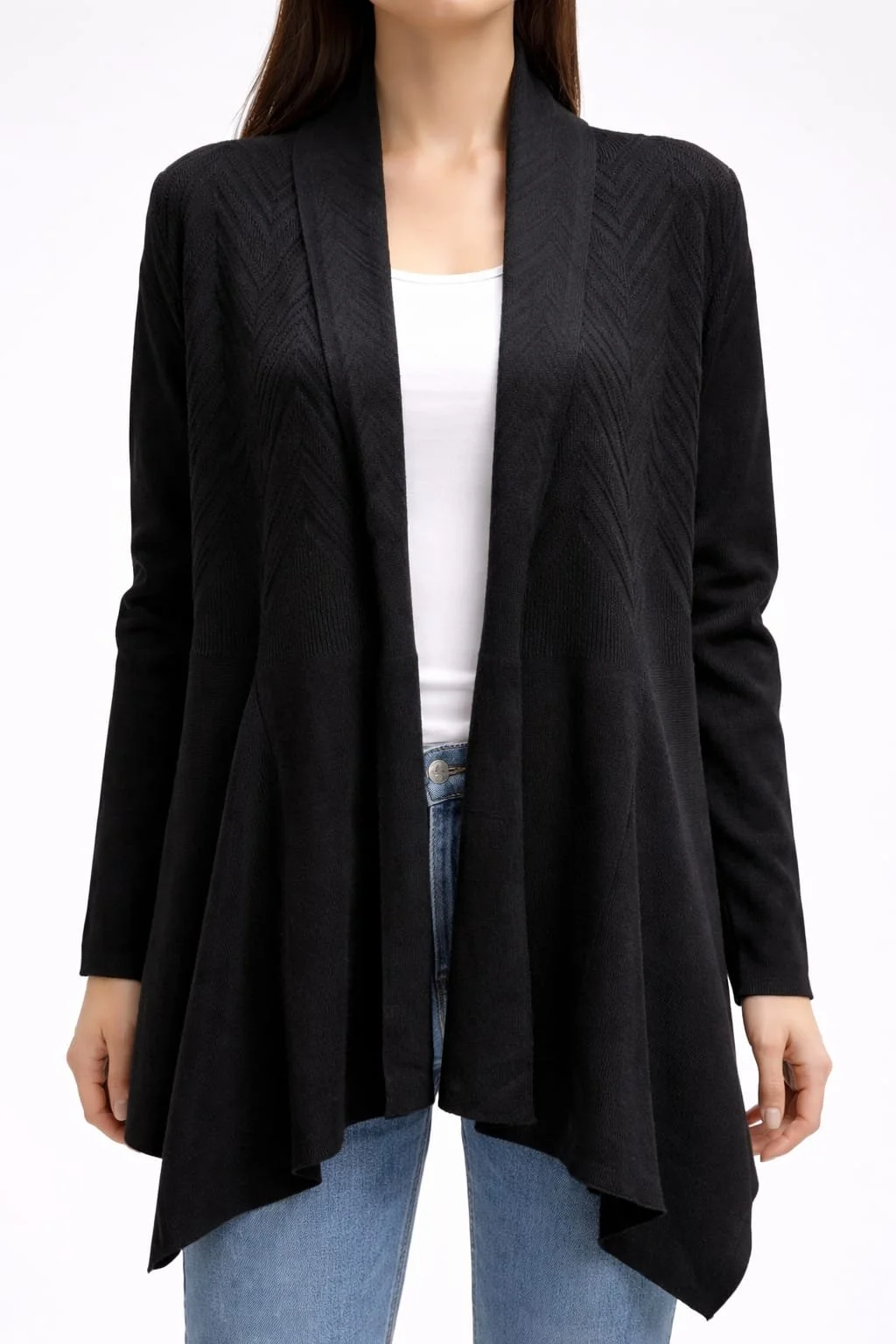 Obsidian Cascade, Schwarzer Strick Cardigan mit Muster, Italian Designers, Frontansicht.jpeg
