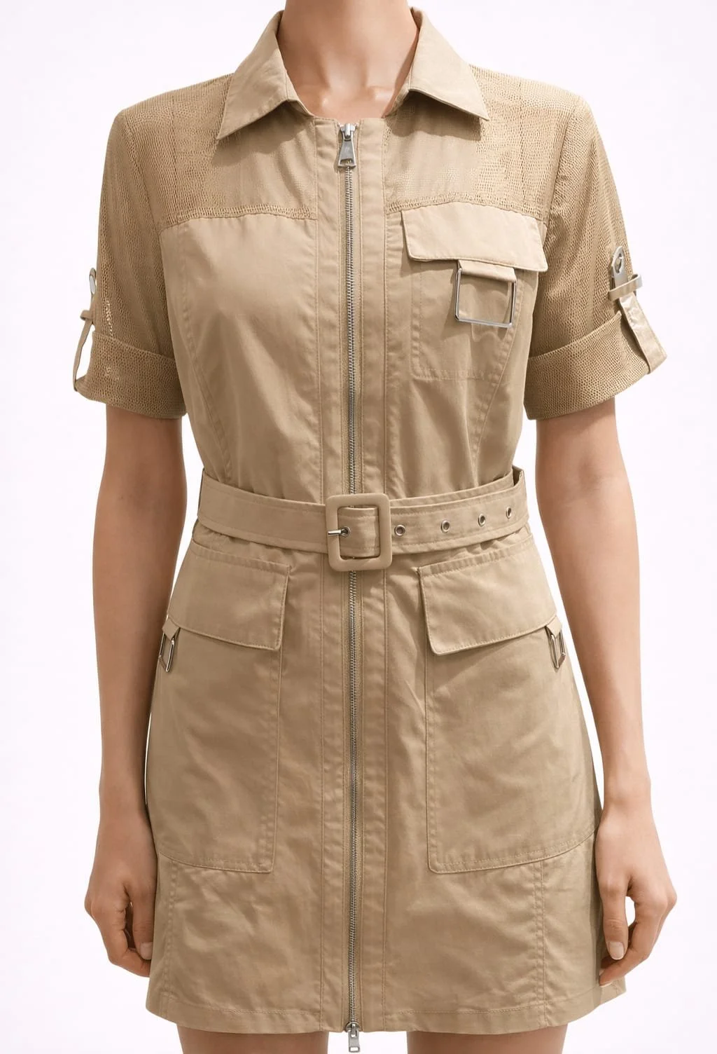 Sahara Trace, Erdfarbenes Damen Safarikleid, Italian Designers, Frontansicht.jpeg