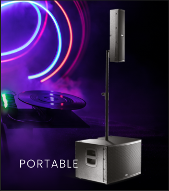 Portable speaker with an attached microphone and LED lights in the background.