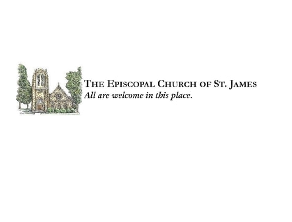 Illustration of an Episcopal church building with trees on either side, accompanied by text saying "The Episcopal Church of St. James. All are welcome in this place."