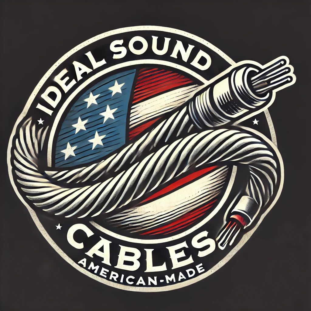 A circular logo with the text 'Ideal Sound Cables' and 'American-Made' surrounding a graphic of a coiled cable and a bundle of wires, with a stylized American flag in the background.