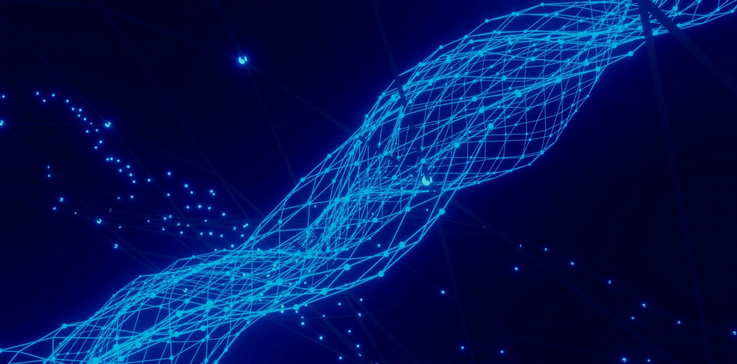 Digital illustration of a glowing blue DNA double helix with network of connected lines and dots on a dark background.