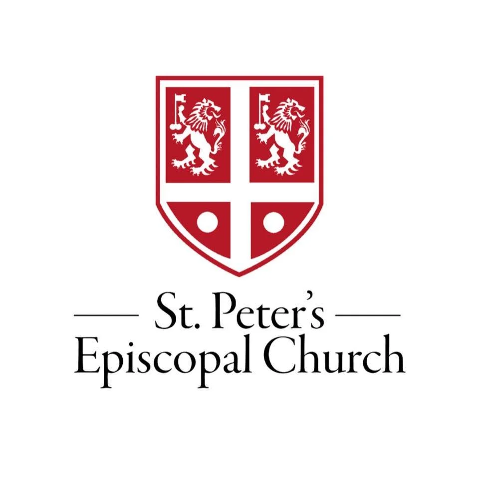 Logo of St. Peter's Episcopal Church featuring a shield with two lions and two circles, with the church's name below.