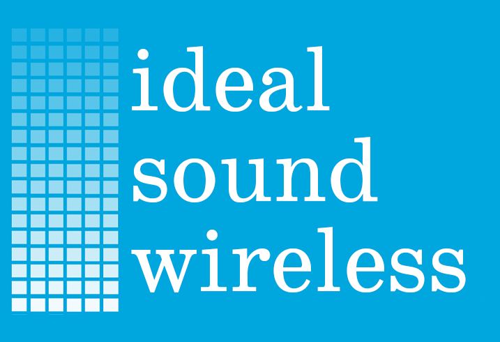 Blue background with white text reading 'ideal sound wireless' and a pattern of squares on the left side.