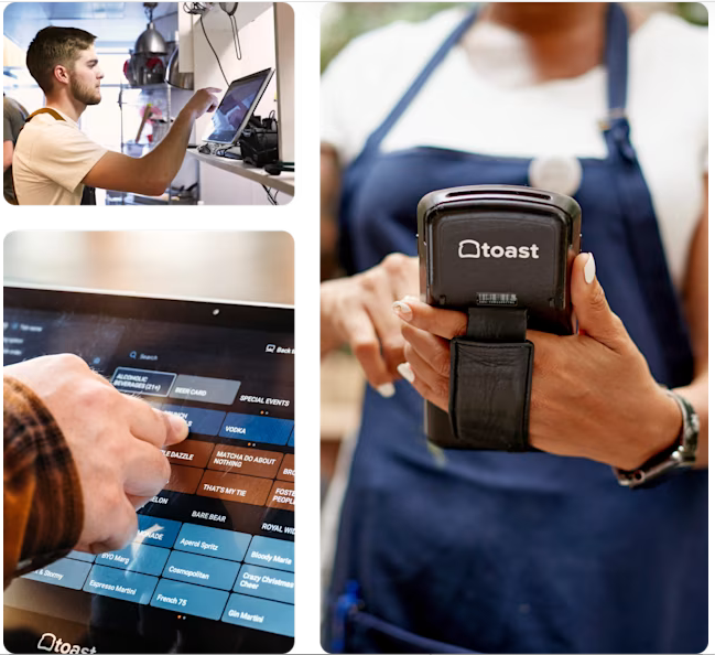 A collage of three images: a person working on a computer in a kitchen, a person using a tablet with a song playlist, and a person holding a point-of-sale device at a coffee shop.