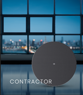 A round speaker in front of a large window with a cityscape view, with the word 'CONTRACTOR' at the bottom.