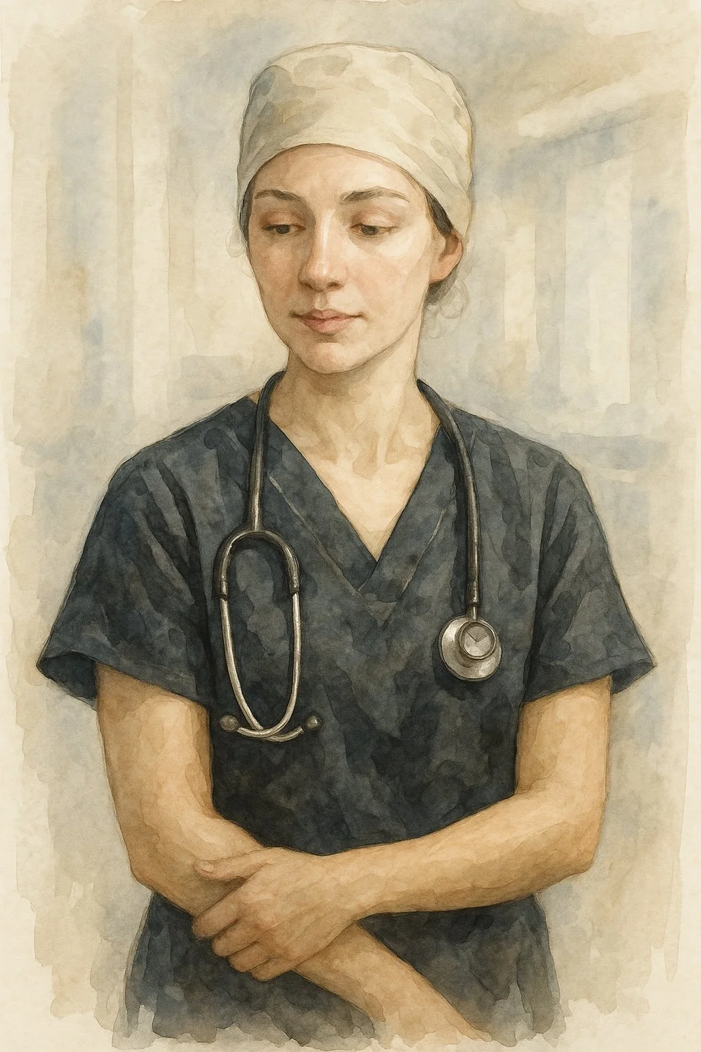 A female healthcare professional wearing a head covering and black scrubs with a stethoscope around her neck, looking down thoughtfully.