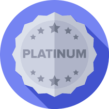 A silver badge with a blue background, labeled 'PLATINUM' and decorated with stars.
