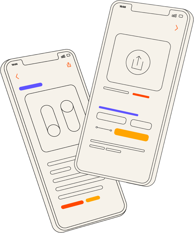 Line drawing of two smartphones displaying health or fitness app interfaces, with sliders, buttons, and icons.