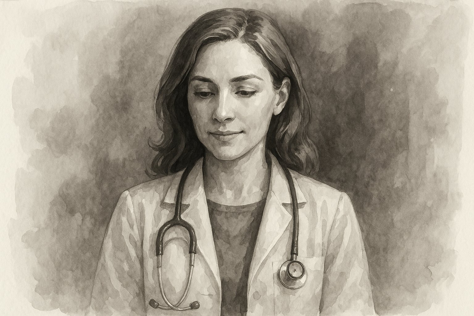 A grayscale painting of a female doctor with shoulder-length hair, wearing a stethoscope around her neck, looking content with her eyes closed.
