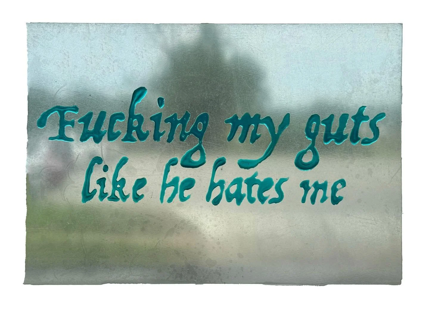 Fucking my guts like he hates me
7.5x11 In 
Gel medium on plexiglass, installed over frosted window
2025 

Part of the 2025 flatfile show opening tonight at @artspace_kcai