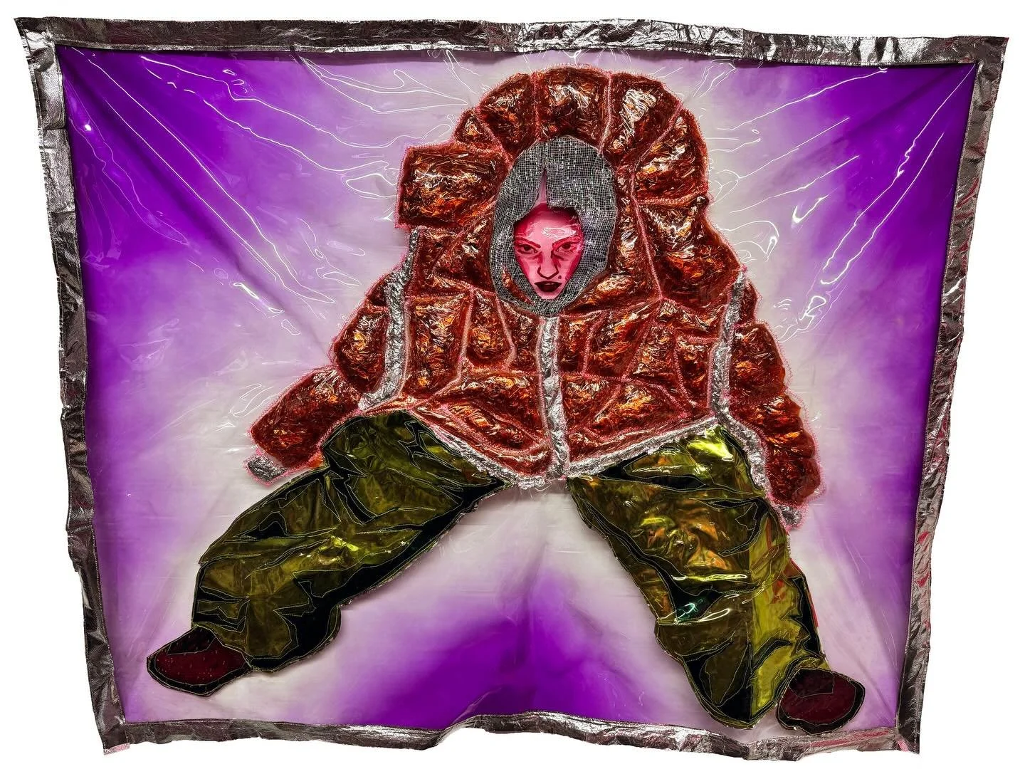 Lay myself down
Hand dyed vinyl, cellophane, decorative mesh, colored gel sheet, Mylar, fabric.
42x48 
2022

Another older work I&rsquo;ve been re-documenting. This was the beginning of my investigation of merging fiber, painting, and sculpture toget