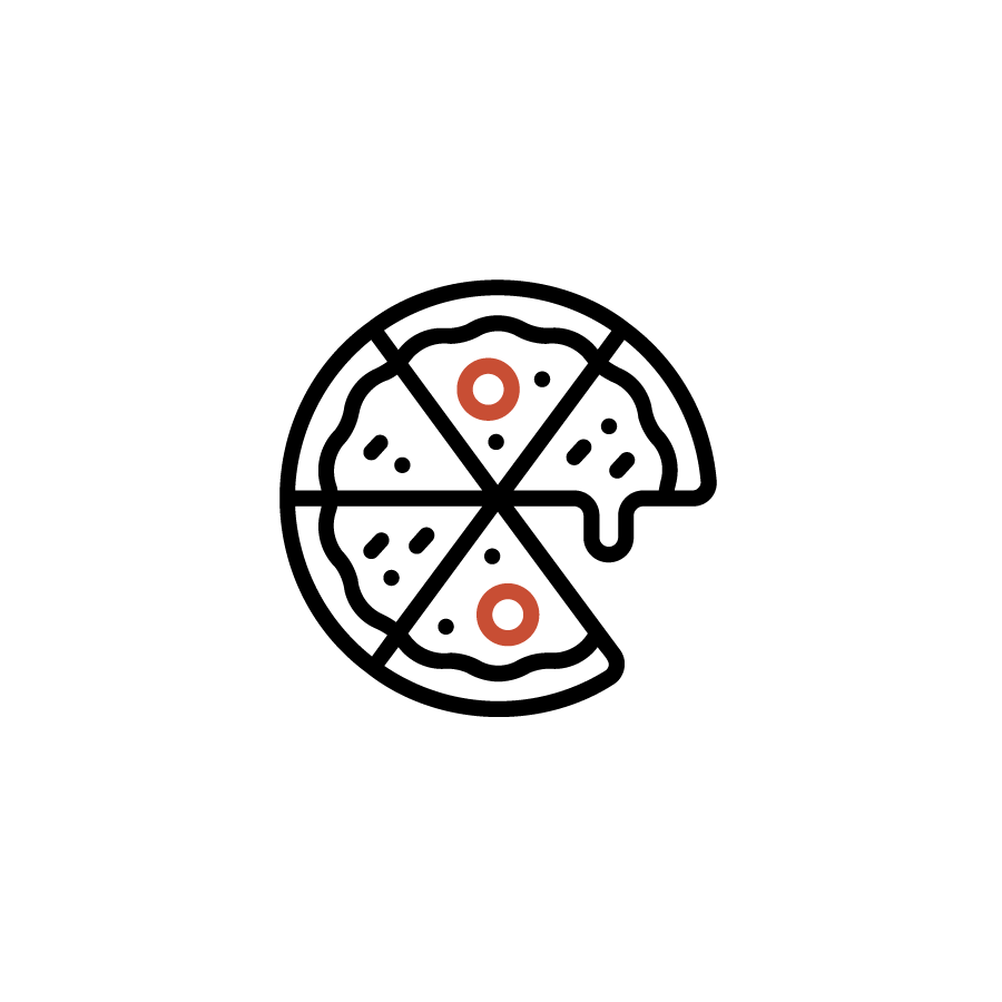 Simple illustration of a pizza with slices, featuring two pepperoni toppings. Symbol for a dinner or snack with the family.
