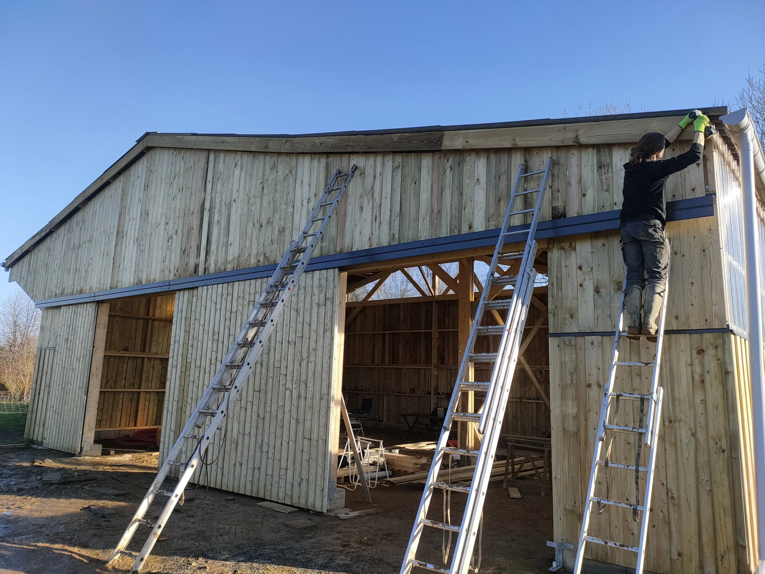 Un homme en train de fixer le bardage en bois d’un bâtiment en construction, utilisant une échelle.