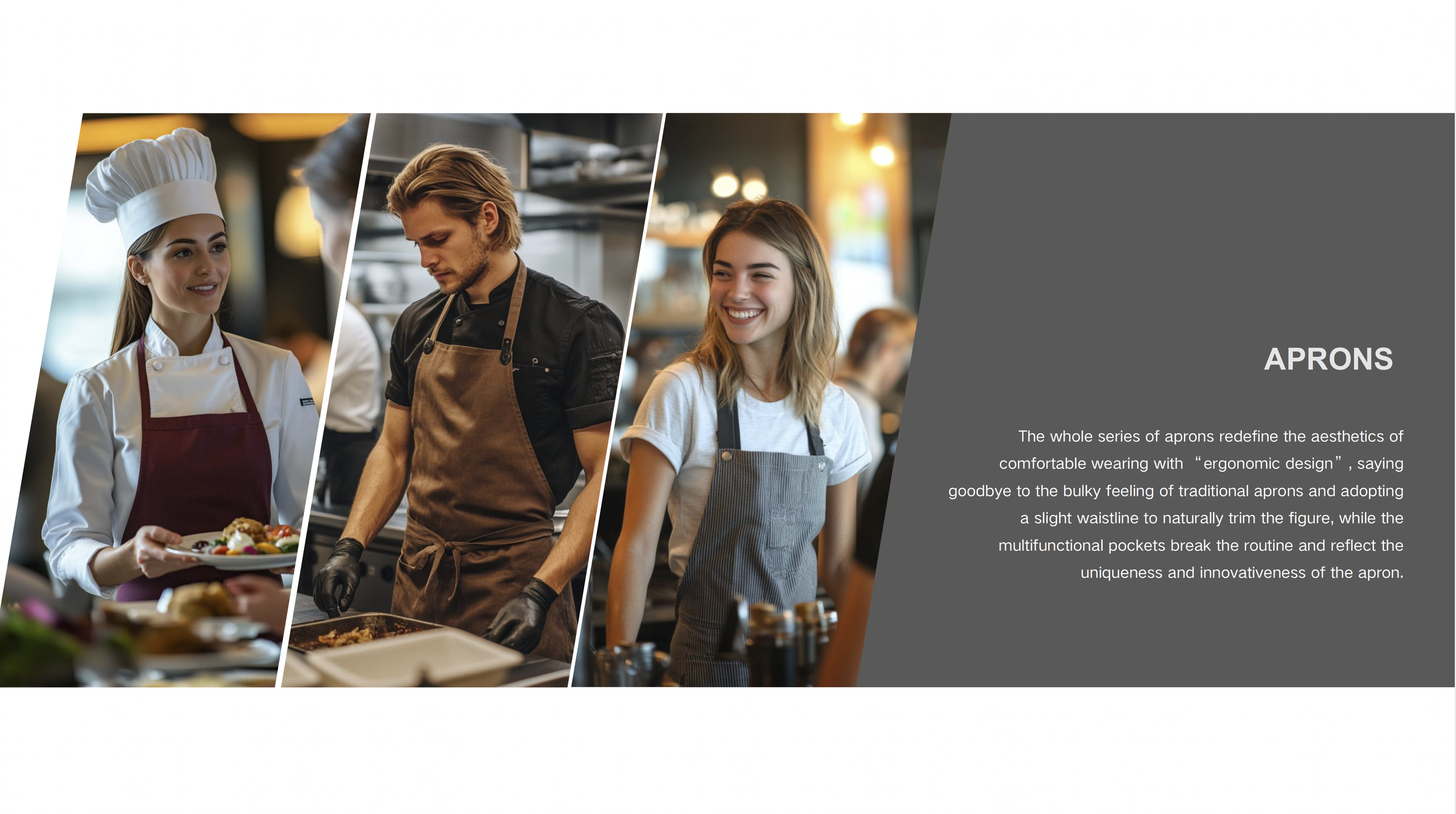 Three people in a restaurant environment, one female chef and two young women wearing aprons, smiling and engaged in food preparation or serving, with a gray text section describing aprons.