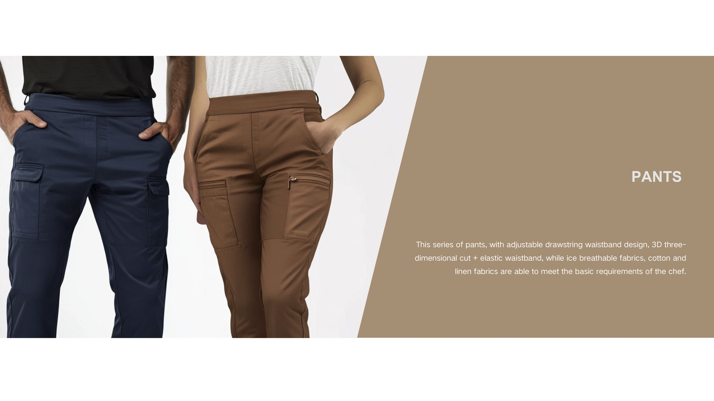 Image of two people wearing cargo-style pants with multiple pockets, one in navy and the other in brown, showcasing adjustable drawstring waistbands and button and zipper closures.