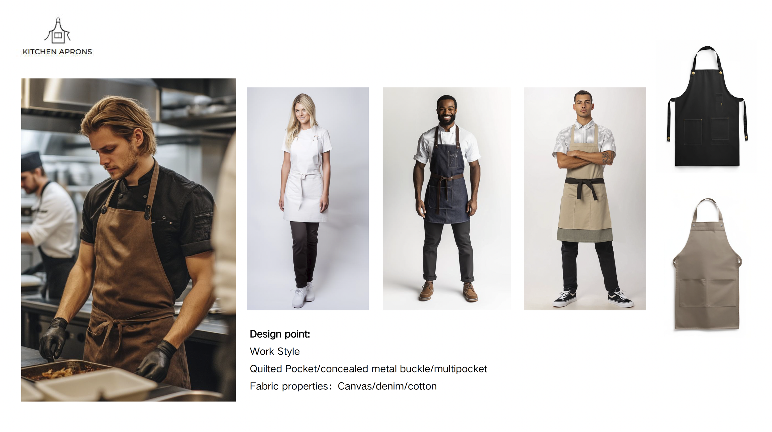 Collection of kitchen aprons in various colors and styles, including images of people wearing aprons in professional settings, with text describing design features such as quilted pockets, metal buckles, and fabric materials like canvas, denim, and c