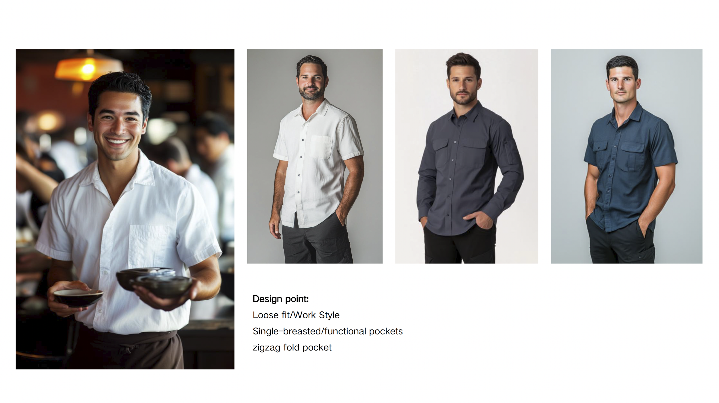 A smiling young man in a white short-sleeved shirt serving food at a restaurant, with three images of different men's work shirts and design notes for loose fit, single-breasted, functional pockets, and zigzag fold pocket.
