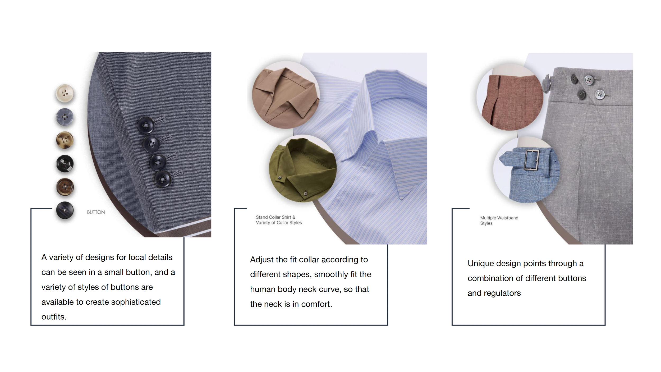 Diagram showing different styles of men's dress shirt buttons, collar shirts with adjustable fit, and waistbands with various styles. The image includes close-ups of buttons, collar styles, and waistband designs, along with descriptive text explainin