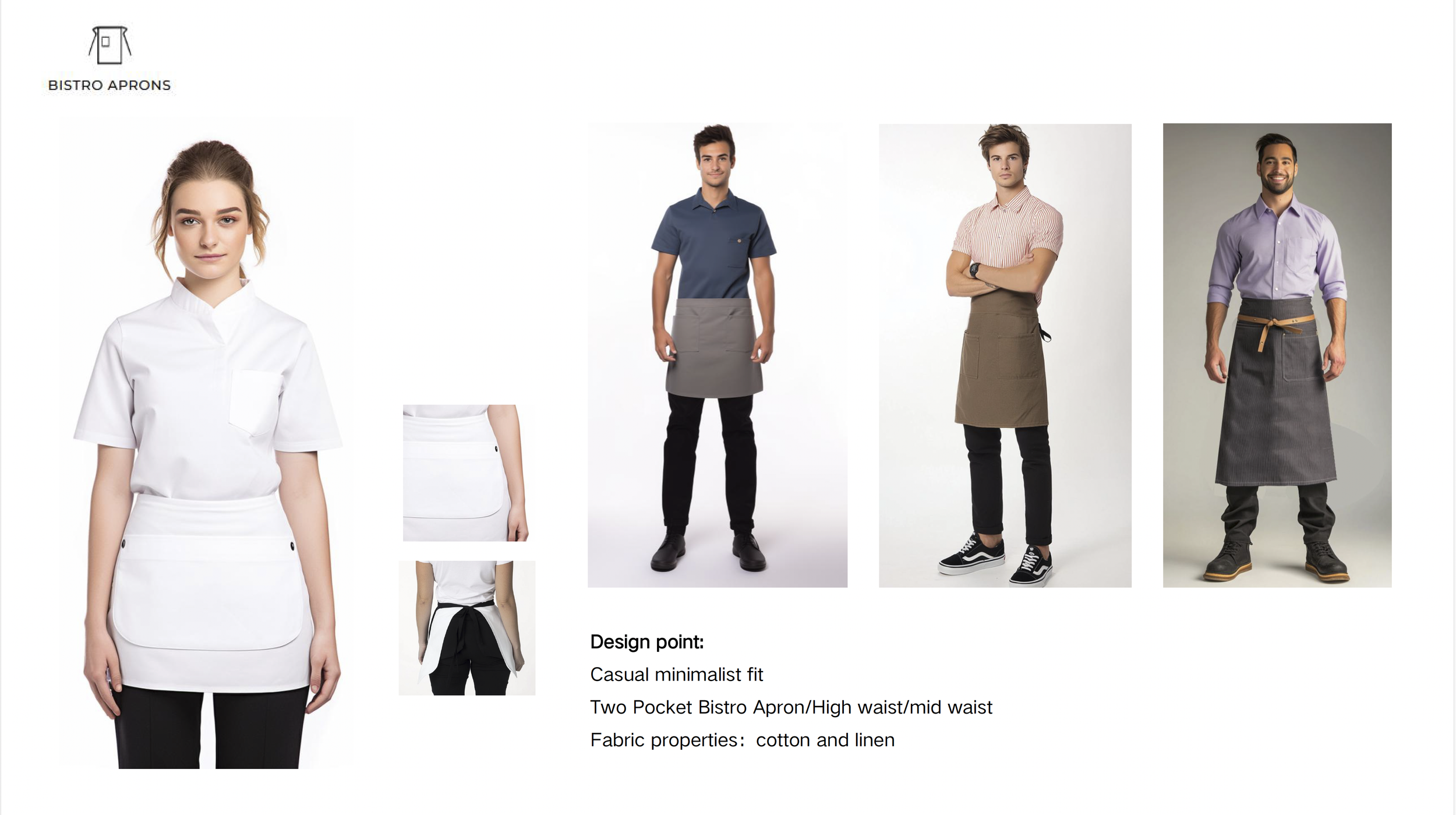 Images of casual minimalist fit bistro aprons with two pockets, made of cotton and linen, modeled by four people in chef and waiter attire, with design details like high/mid waist and apron ties.
