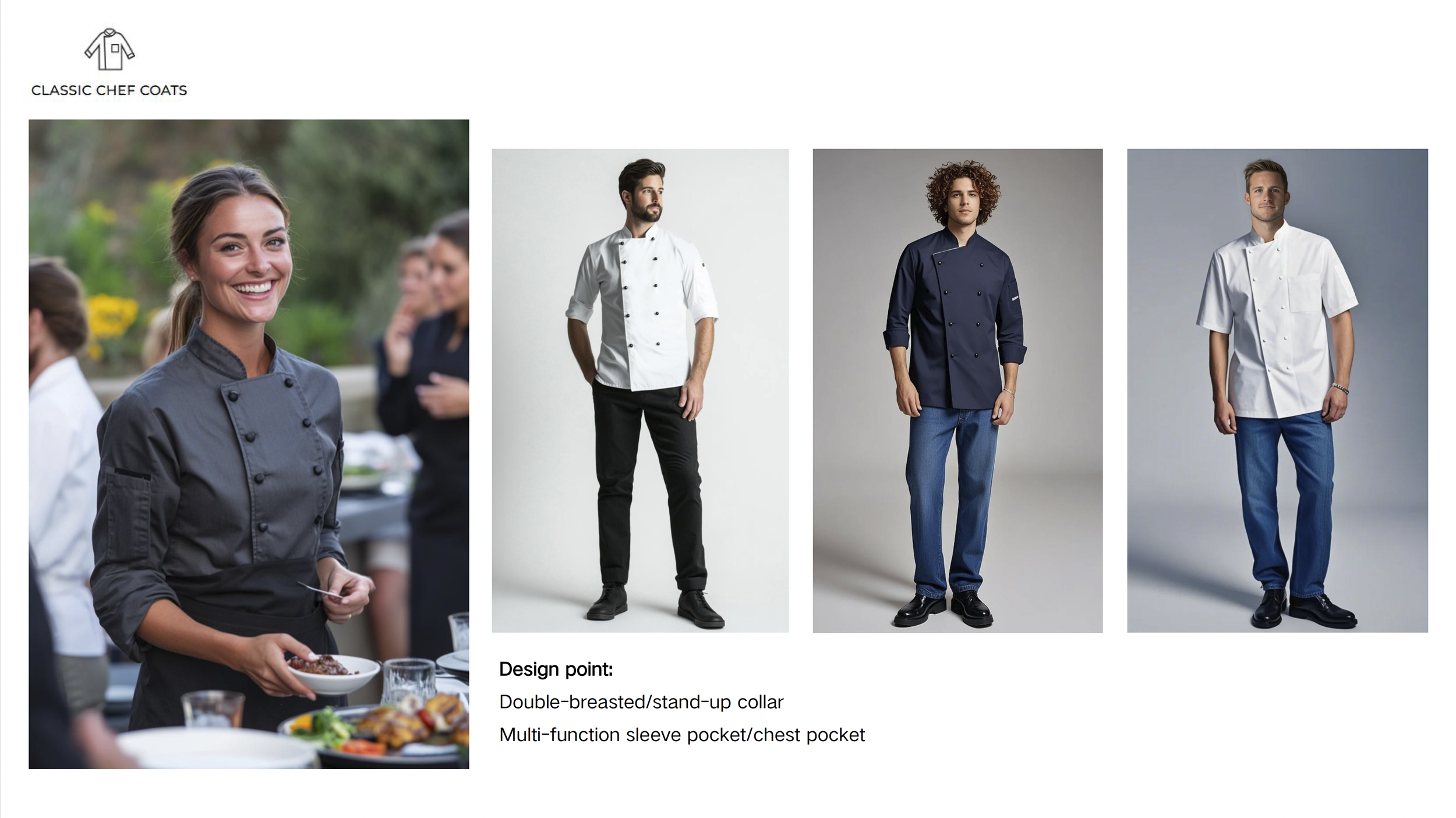 Images of professional chef coats, including a woman wearing a dark gray chef coat and three men in white and navy blue chef coats, with a description highlighting their design features such as double-breasted stand-up collar and multi-function sleev