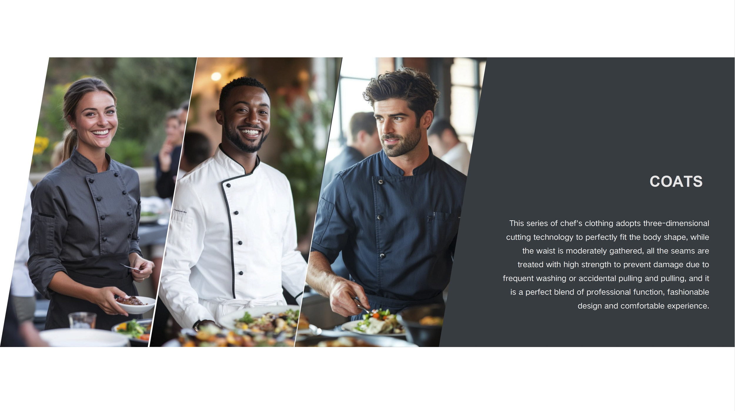 Three chefs in professional kitchen setting, smiling and preparing dishes, with a dark overlay on the right containing text about coats.