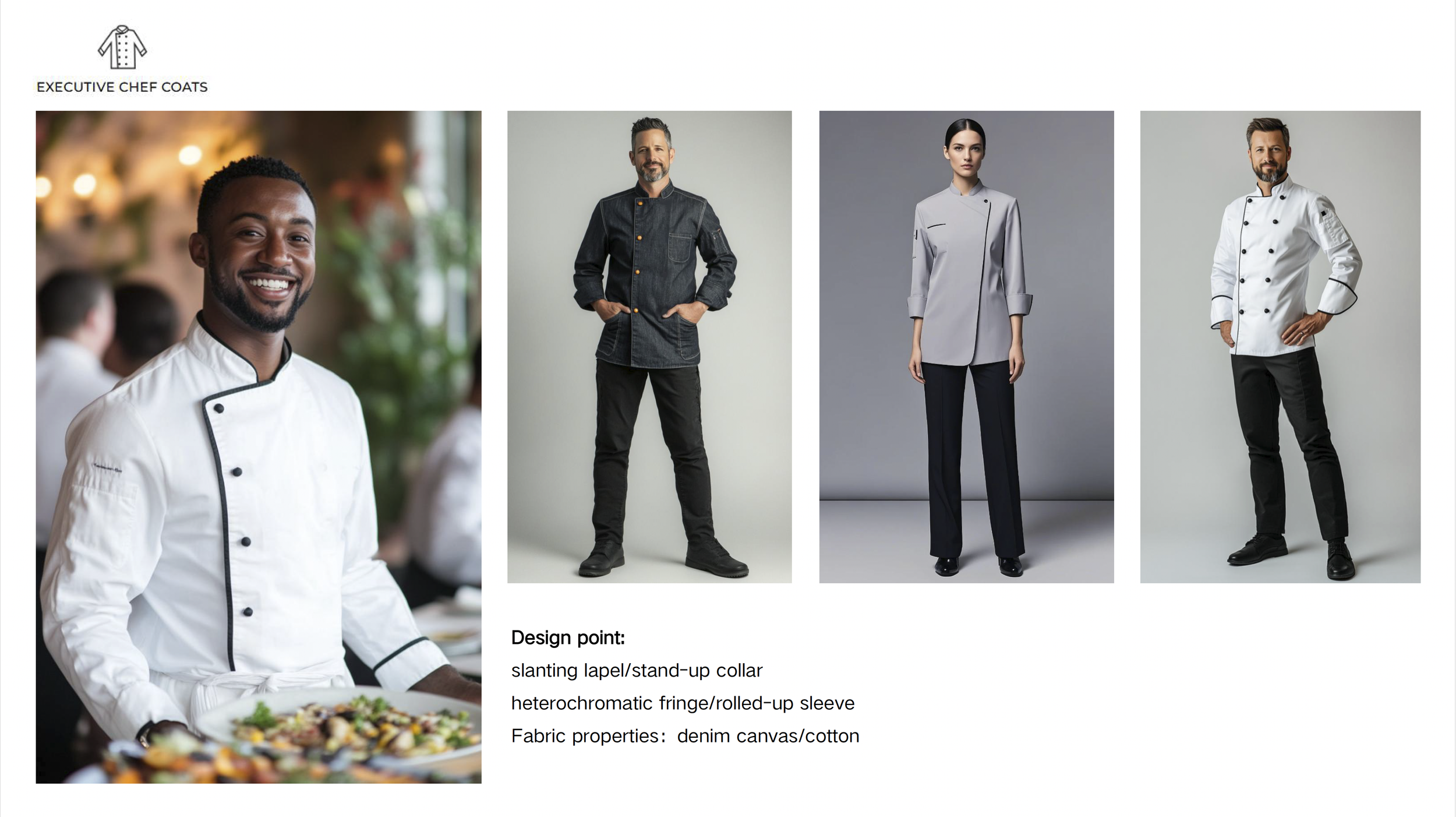 Display of executive chef coats in different styles, including a white coat with black piping, a black denim coat, a gray chef coat, and another white coat with black piping, with text describing design points and fabric properties.