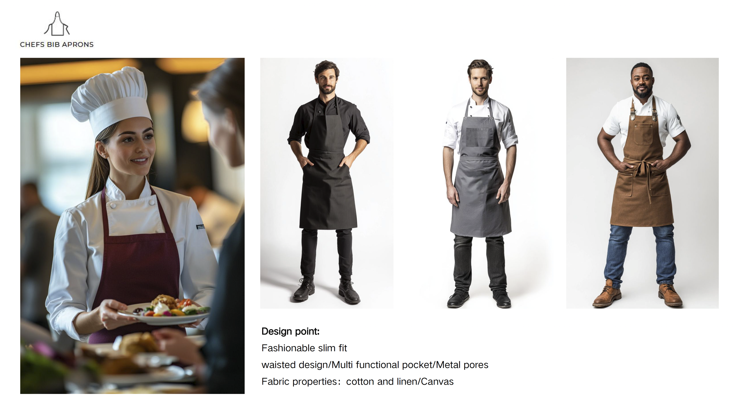 Image showcasing various chef aprons with features such as slim fit design, multi-functional pockets, and metal pores, as well as a female chef in a white uniform with a red apron and three male models wearing different styles of aprons.