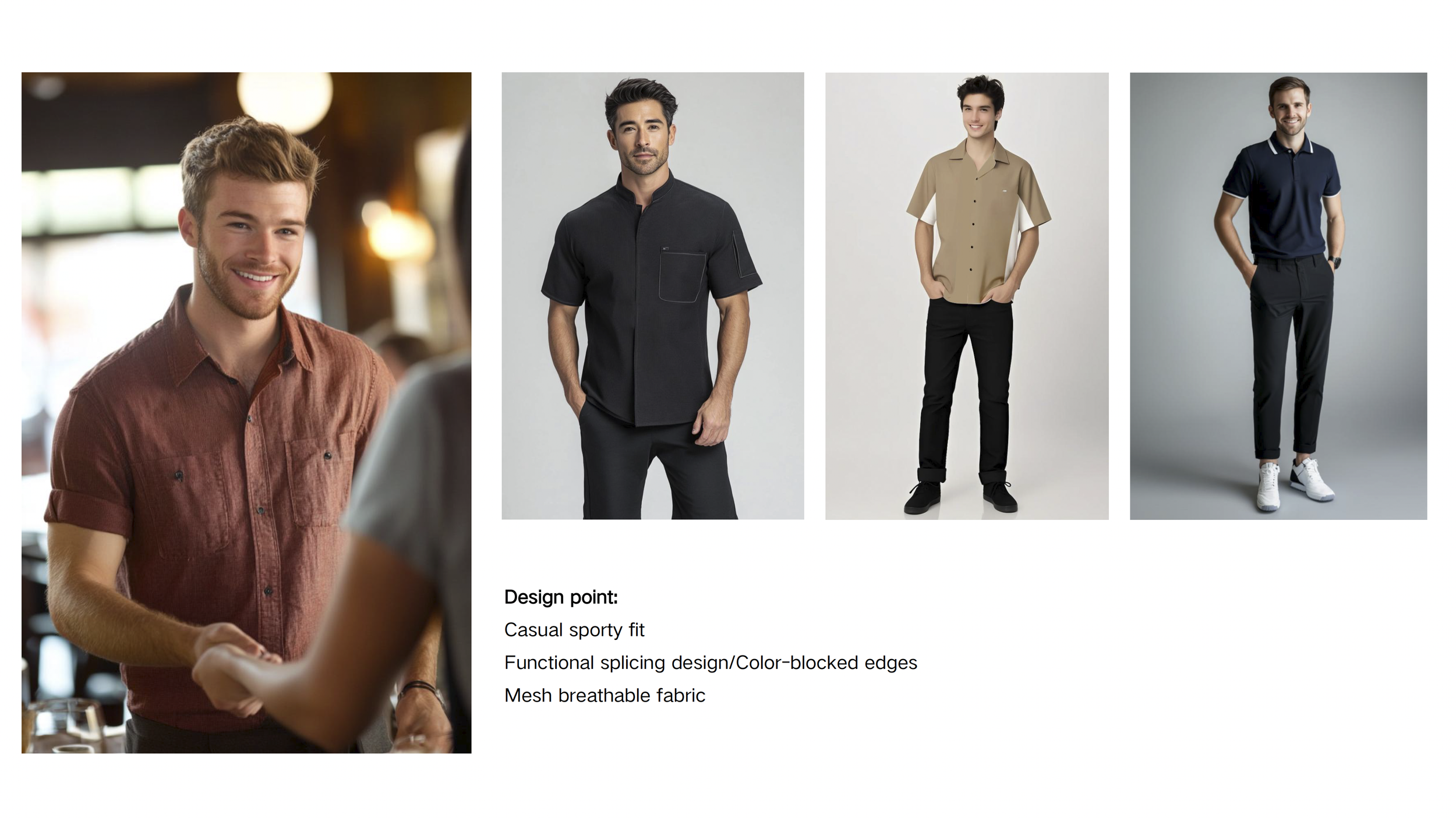 Four male models showcase casual sporty shirts in different styles and colors, with a person shaking hands in a restaurant setting. The shirts feature functional splicing design, color-blocked edges, and a mesh breathable fabric, emphasizing a casual