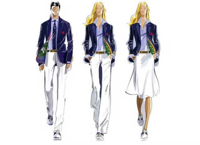 Fashion illustration of three women wearing matching blue jackets with colorful stripe details, white pants, and sneakers.