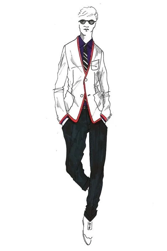Illustration of a person wearing sunglasses, a light-colored blazer with red trim, a dark shirt, black pants, and earrings, standing in a confident pose.