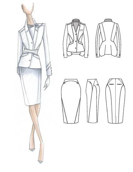 Fashion illustration of women's business suit with blazer, pencil skirt, and blouse, plus technical sketches of the blazer and skirt patterns.