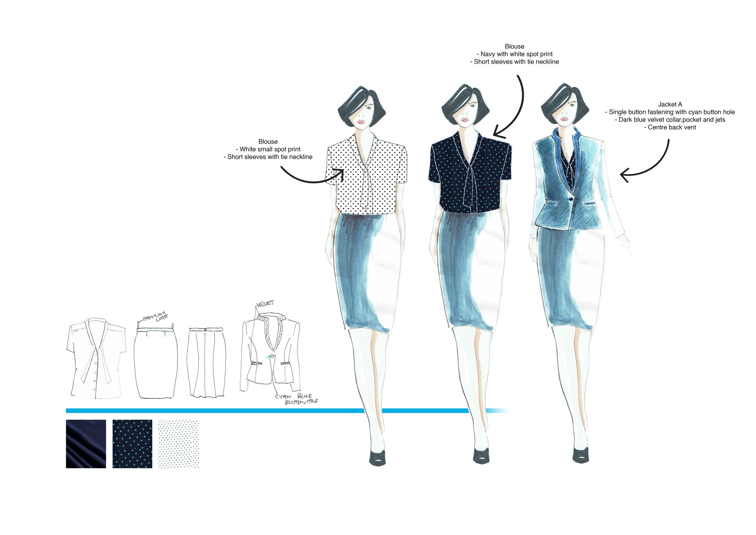 Fashion illustration of three female models wearing coordinating navy and blue polka dot blouses and matching skirts, with detailed annotations about the clothing styles and fabric patterns.