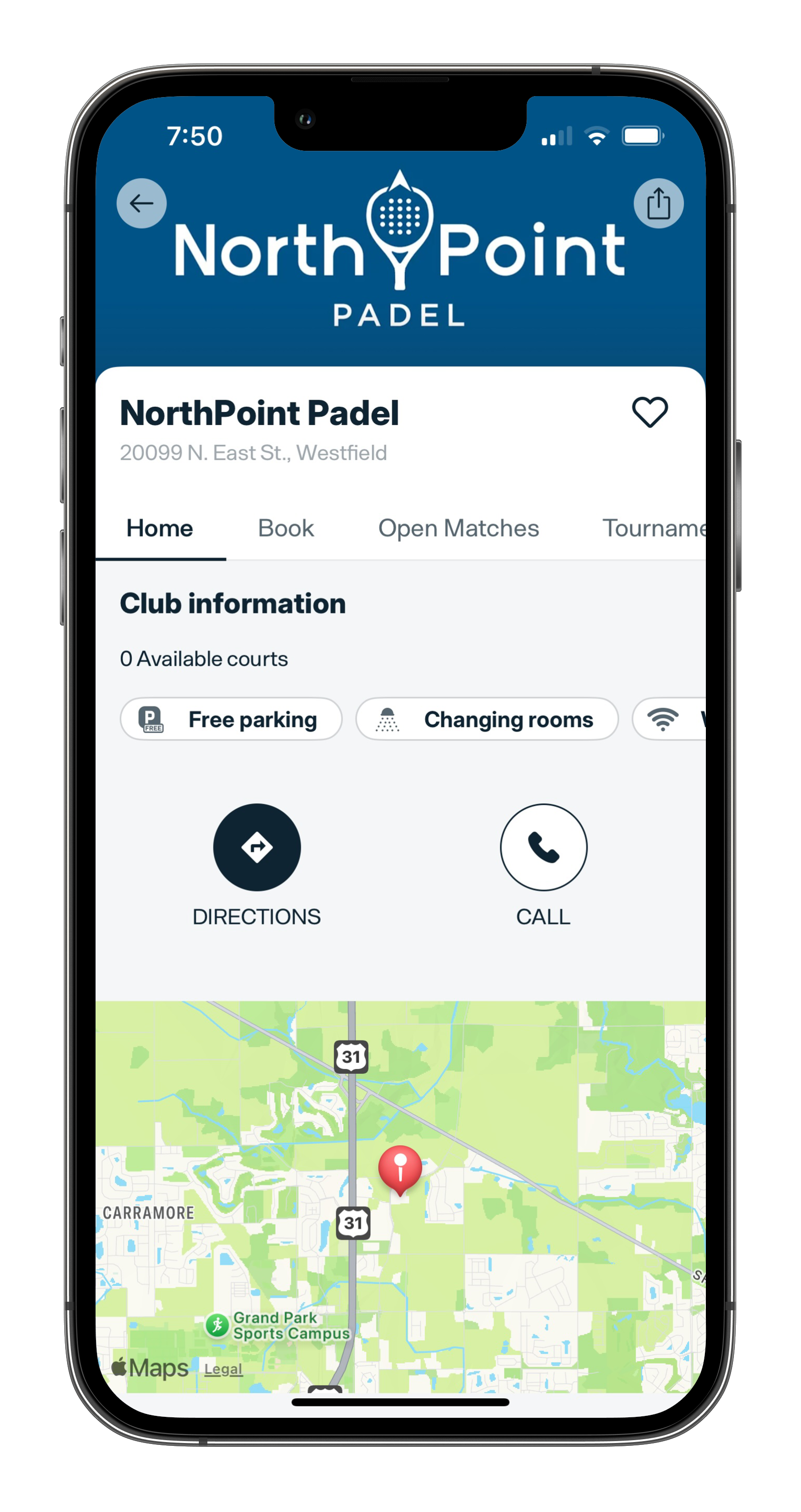 Screenshot of a mobile app displaying information for North Point Padel, a padel club located at 20099 N. East St., Westfield. The app shows options for directions and calling, a map with a red location marker, and icons for parking and changing rooms.
