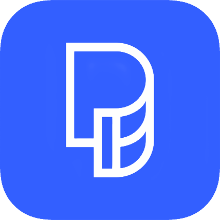 Blue app icon with a white outline of a stylized letter D and P intertwined.