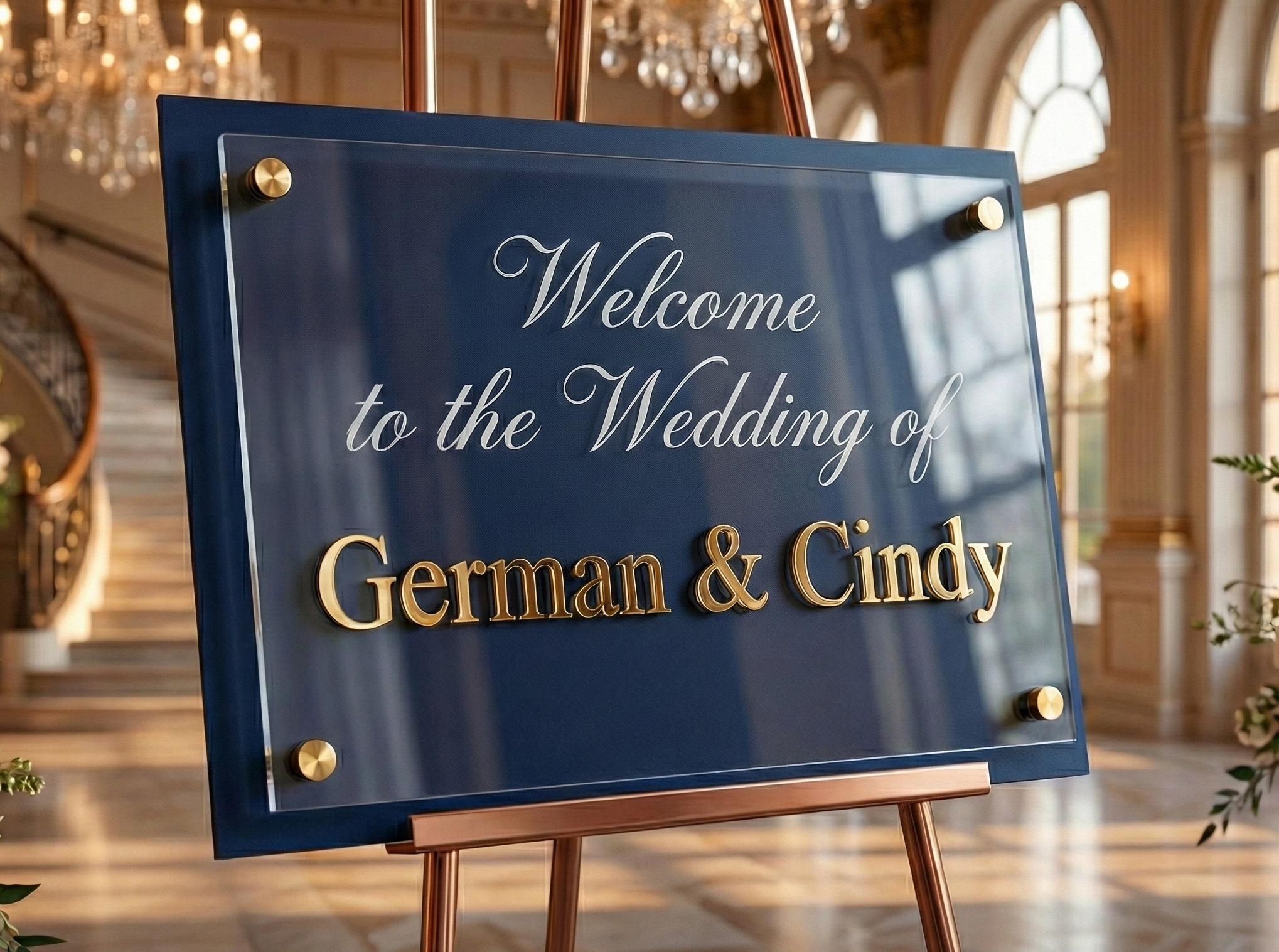 Custom Blue & Gold Acrylic Wedding Welcome Sign - Handcrafted for Phoenix Arizona Weddings.