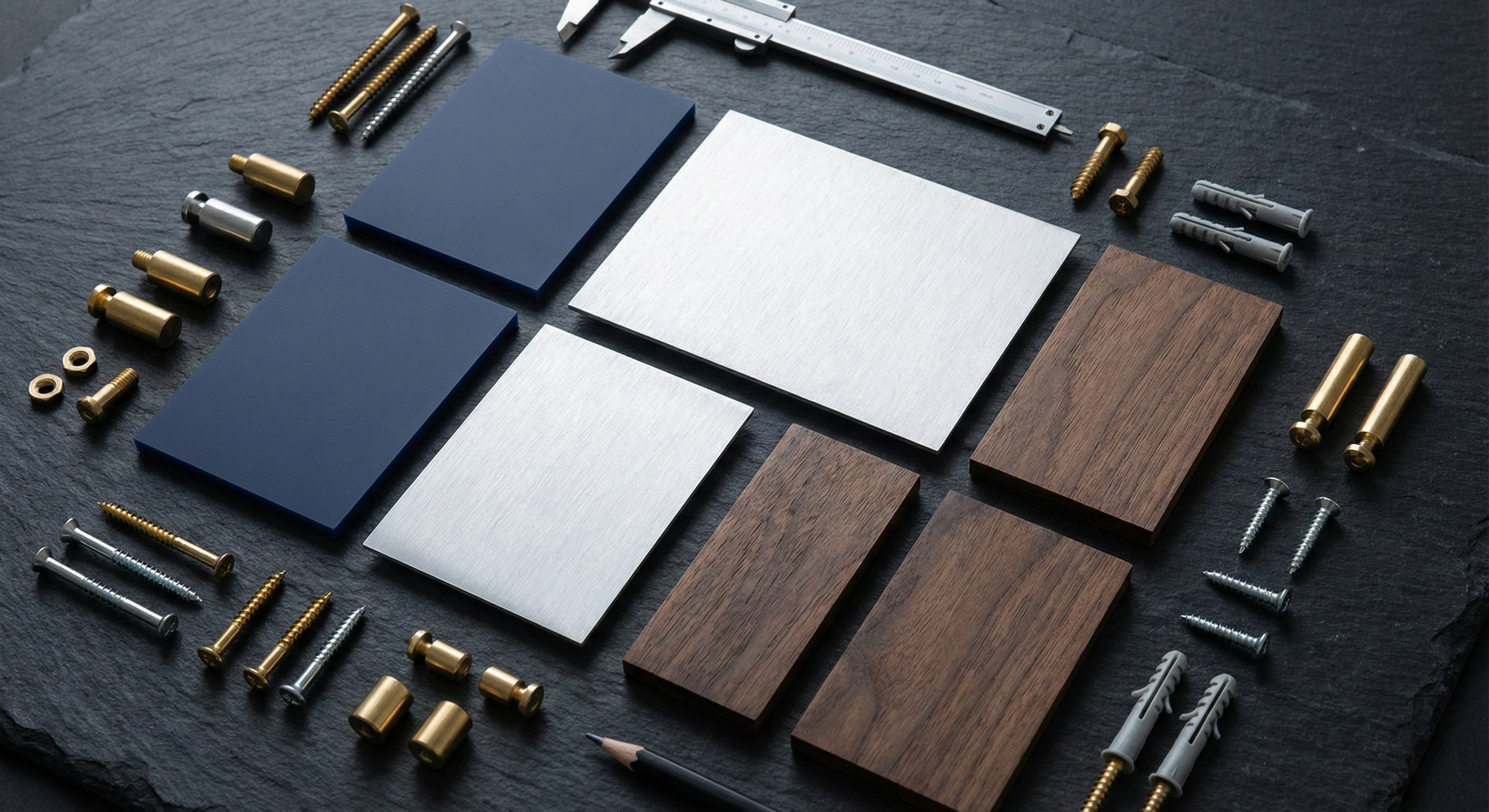 Custom Sign Fabrication Materials - Acrylic, Walnut, and Metal Standoffs for Architectural Signage.