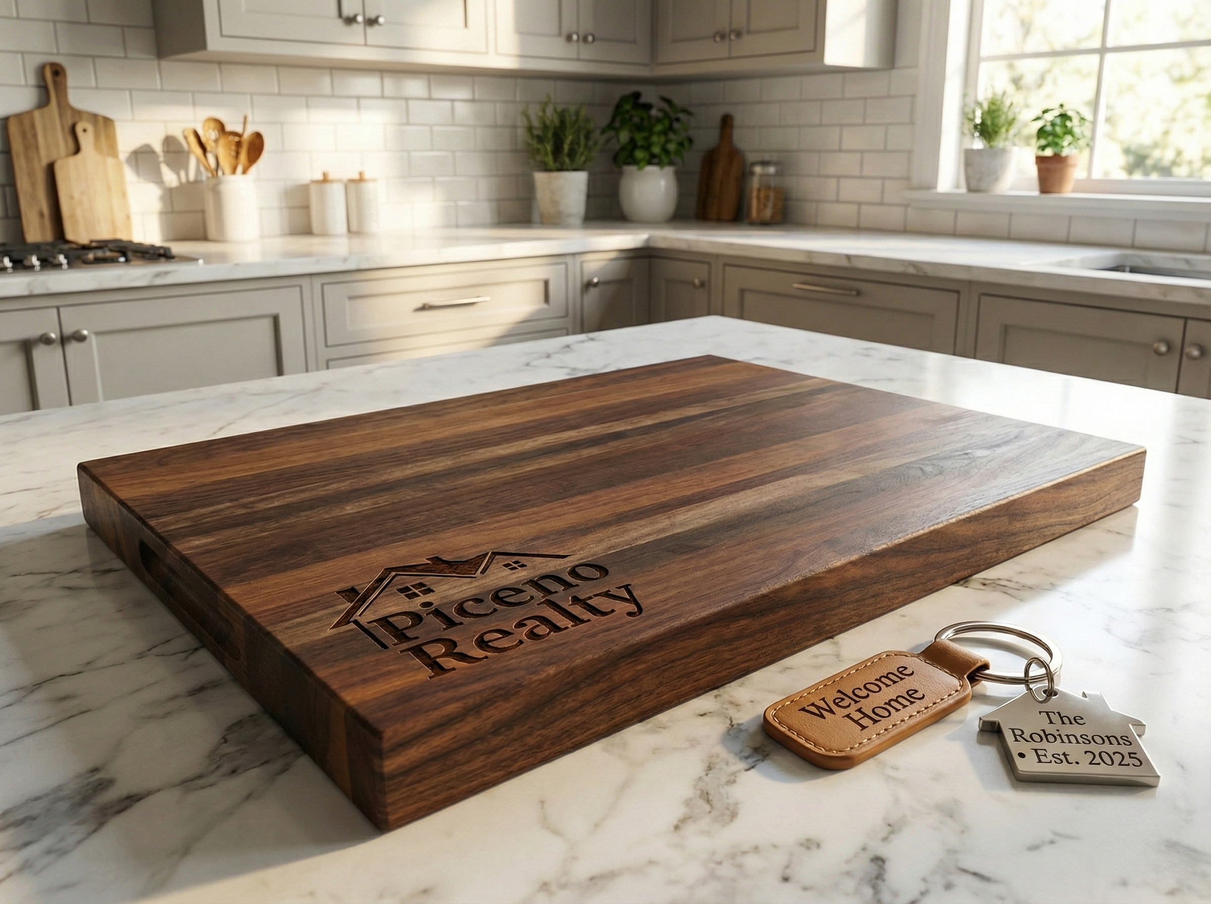 Realtor Closing Gifts Yuma - Custom Branded Cutting Board & House Keychains for Real Estate Agents.