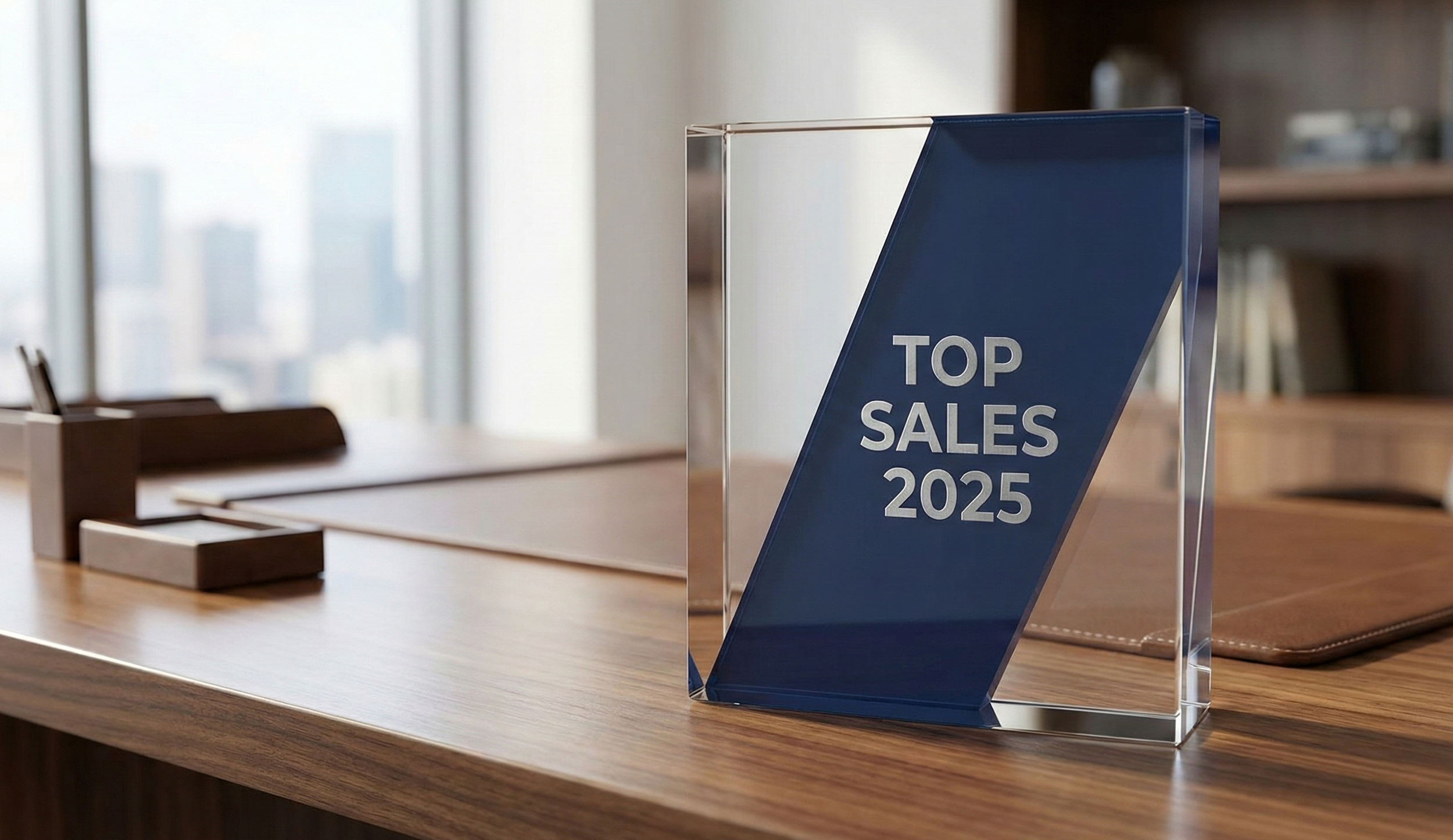 A glass award plaque with a blue diagonal stripe that reads "TOP SALES 2025" on a wooden desk with a brown leather folder nearby, in a modern office with city skyline views.