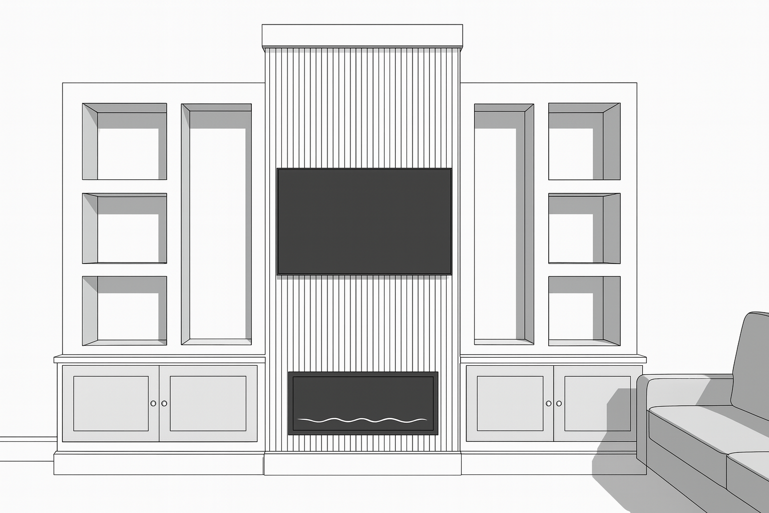 Custom media wall design concept created by joinery specialists in Blackpool
