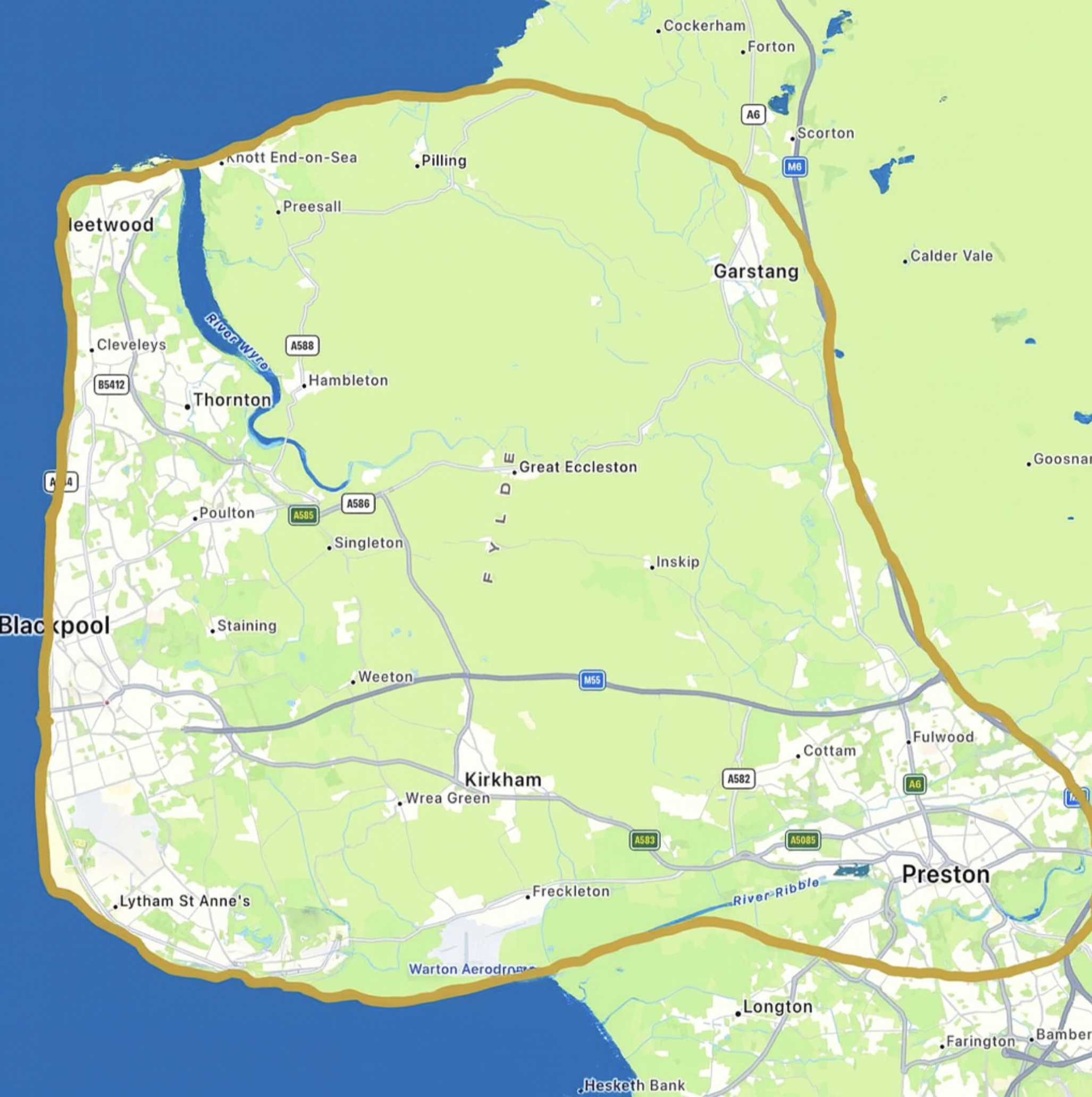 Map of the area around Blackpool, showing roads, towns, and rivers, including the River Wyre, River Ribble, and the Warton Aerodrome.