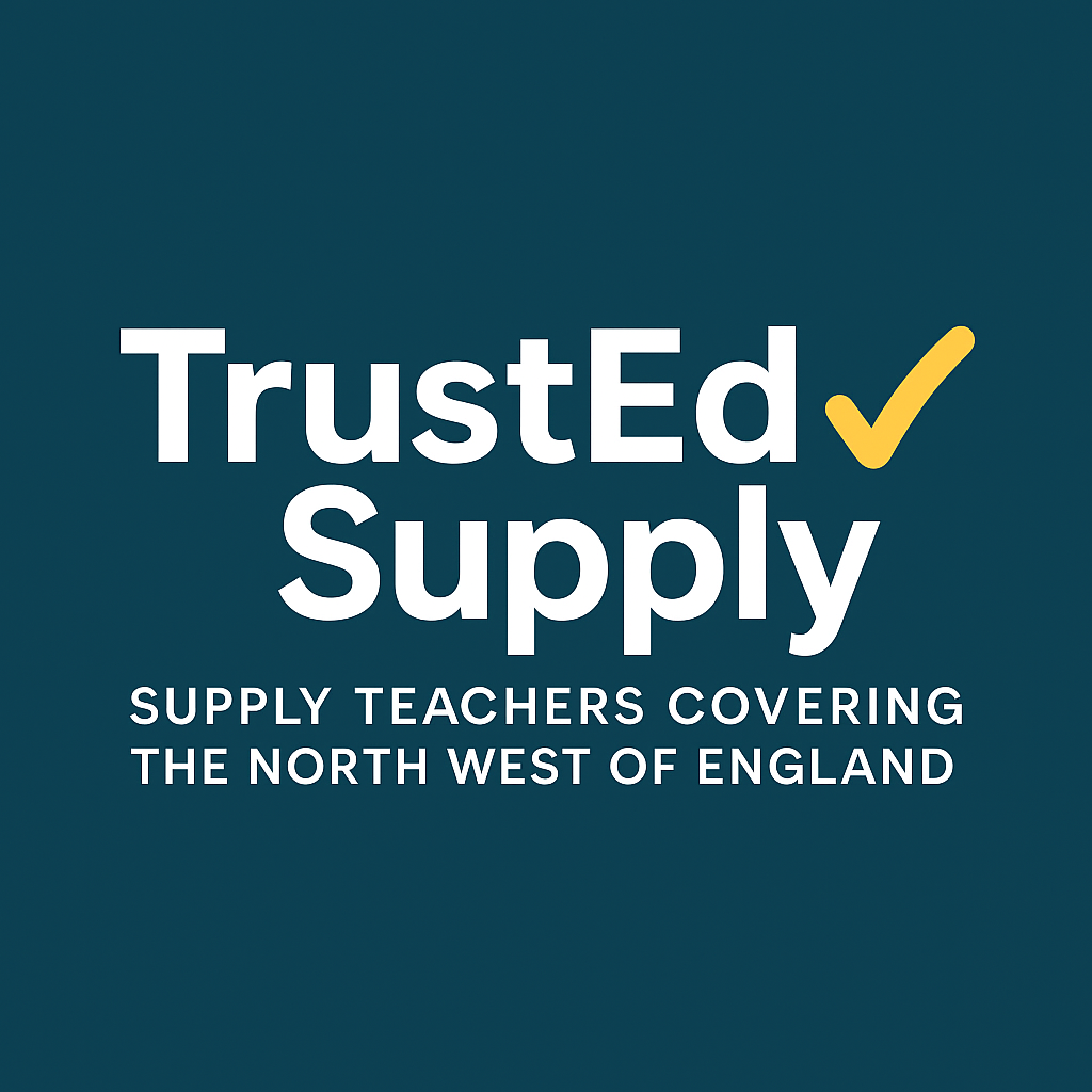 Logo with the text 'Trusted Supply' and a checkmark, followed by the words 'Supply Teachers Covering the North West of England' on a dark teal background.