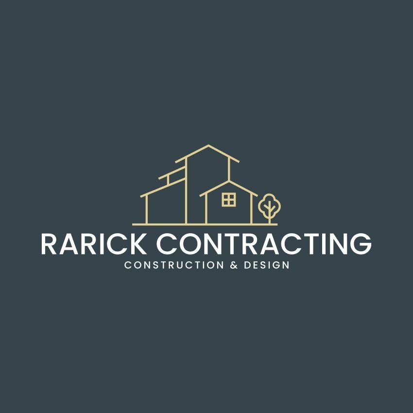 Logo for Rarick Contracting featuring a minimalist line drawing of a house and a small tree, with the company name and "Construction & Design" text.