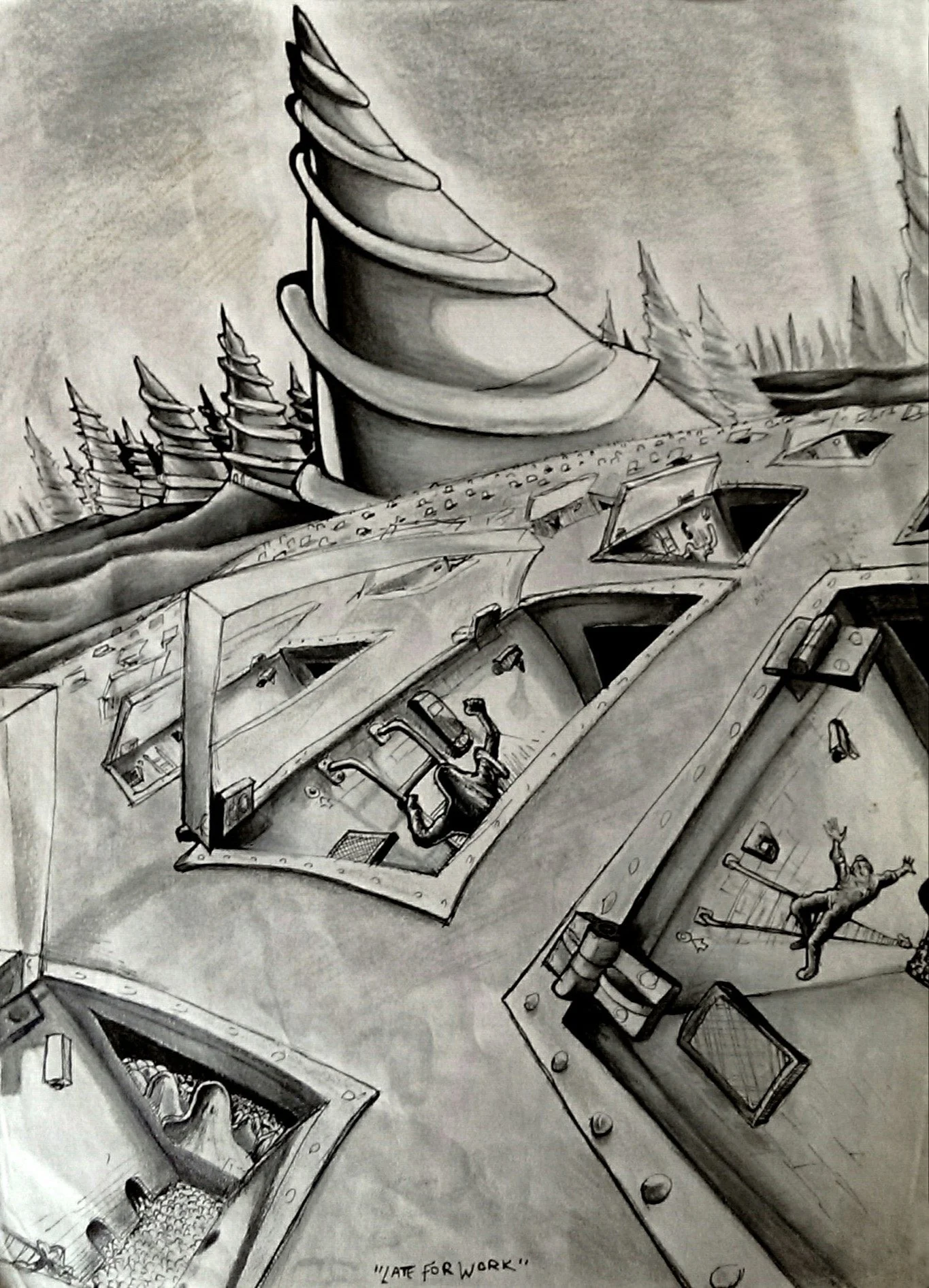 Late For work - 9" x 12" graphite & ink on paper