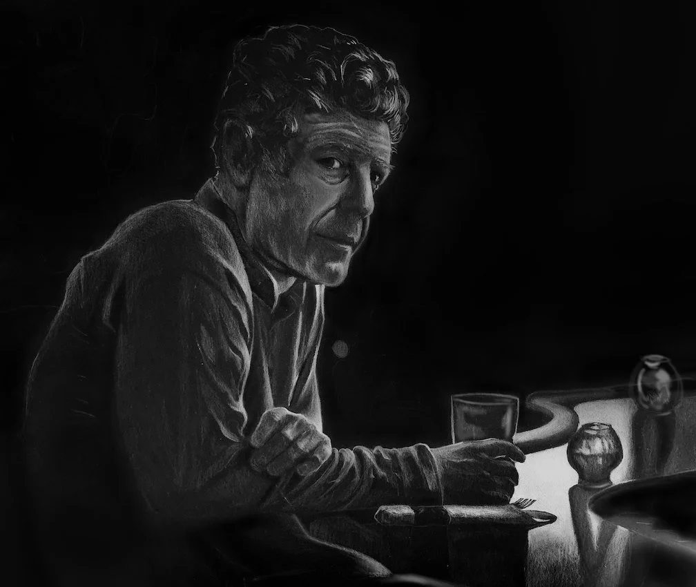 Anthony Bourdain - 18" x 24" white pencil on black vellum