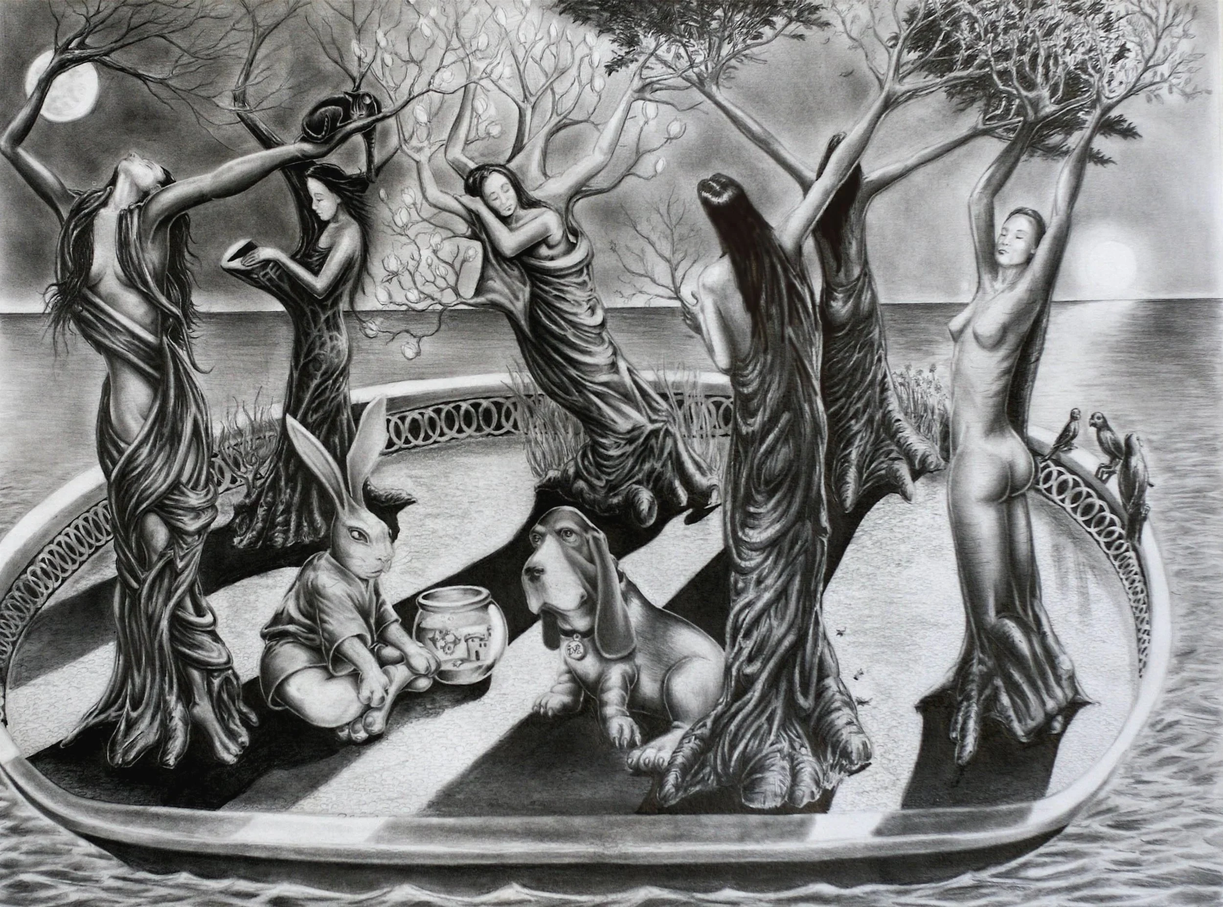 A detailed black and white drawing of tree women
